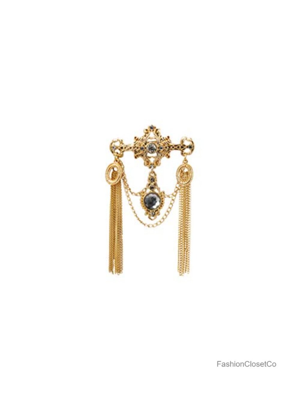 Gold Engraved Shimmery Stone Chain Brooch Pin Suit Stud Lapel Pin Men Women